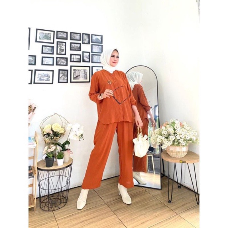 PGMT - AMANDA ONE SET CRINKLE AIRFLOW SETELAN WANITA DAILY OUTFIT KANCING FULL HIDUP