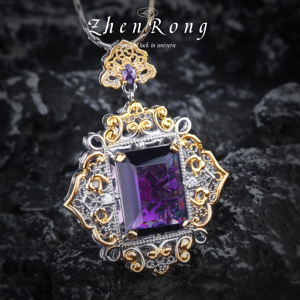 Goldkingdom Aksesoris Perhiasan Fashion Ready Stock Anyaman Ukir Emas Amethyst Istana Angin Renda Berongga Berlian Ungu Liontin Kalung