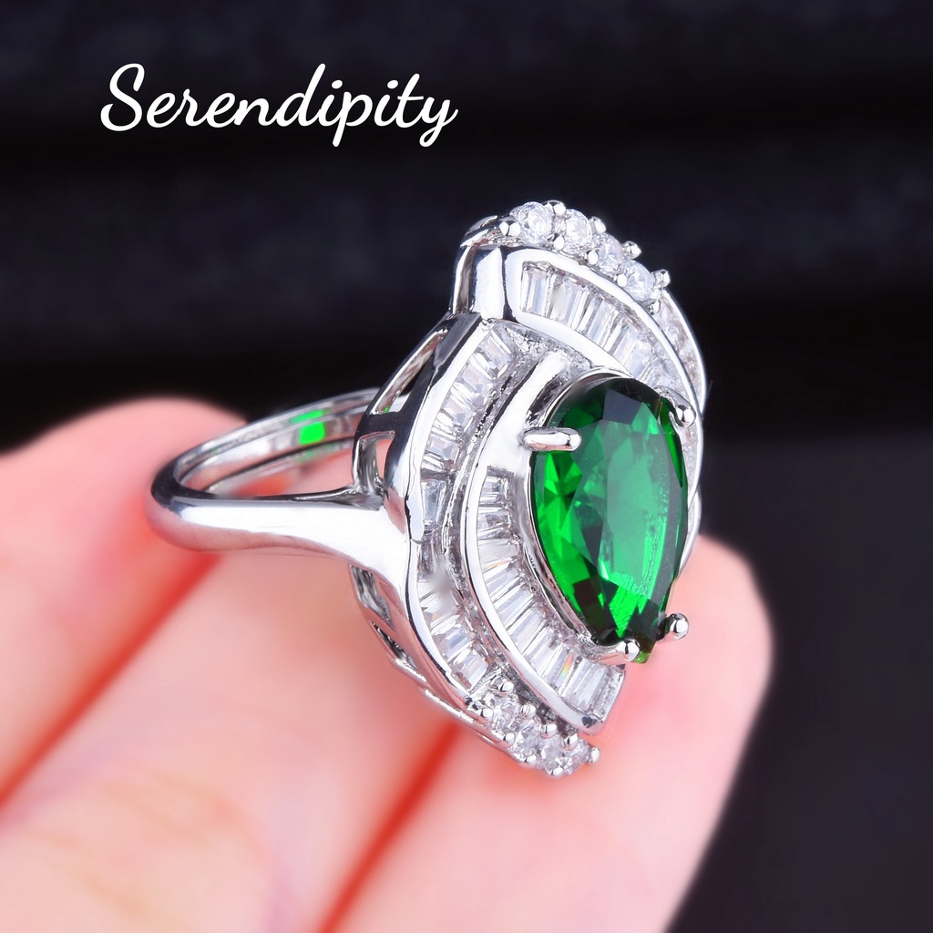 Goldkingdom Fashion Perhiasan Aksesoris Ready Stock Nenek Hijau Tetesan Air Pir Cincin Atlantis Mata Berlian Hijau Cincin