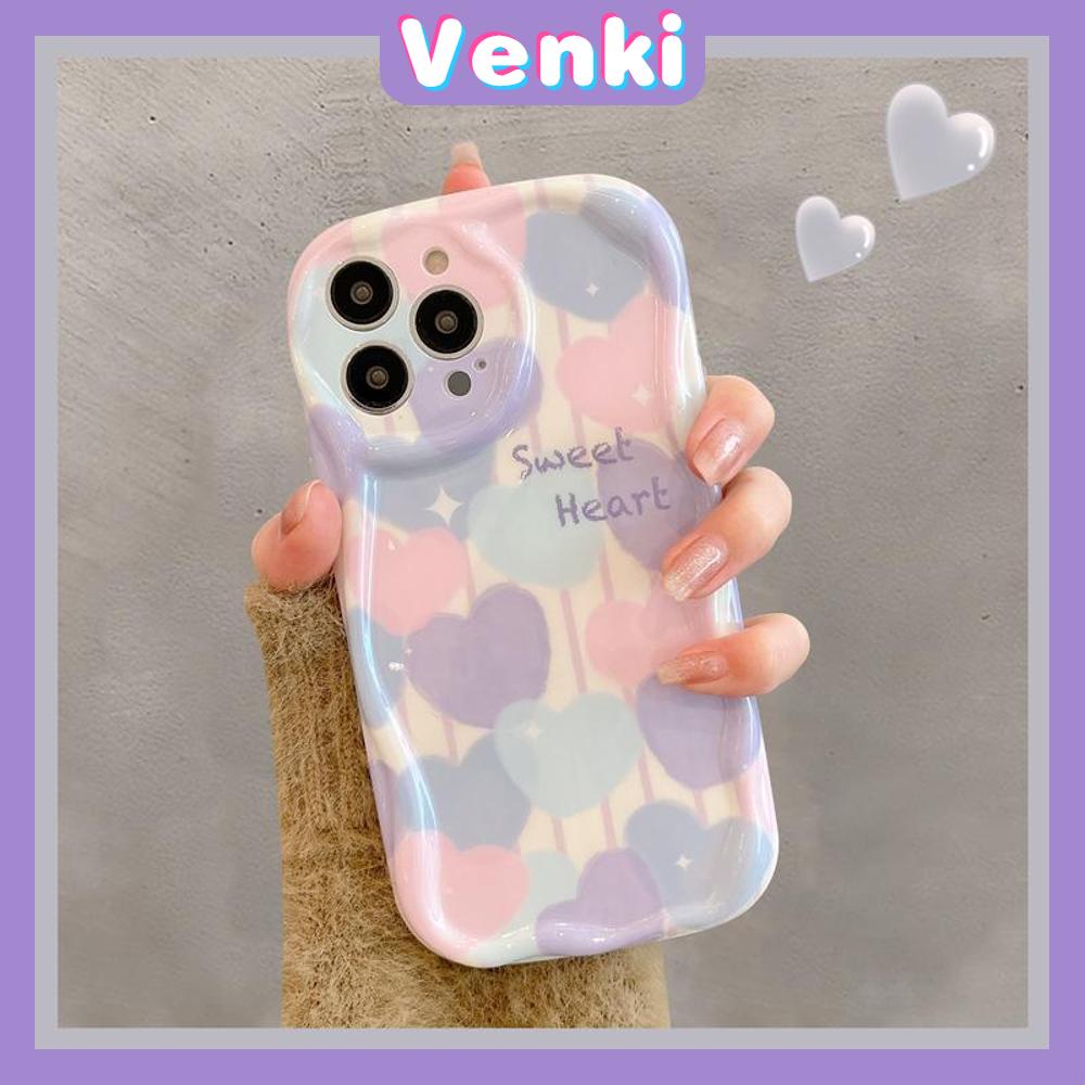 VENKI - For iPhone 11 Phone Case Curved Edge Wave Case Glossy Black TPU Airbag Shockproof Camera Case Pink Blue Heart Compatible with iPhone 14 13 Pro max 12 Pro Max xr xs max 7 8