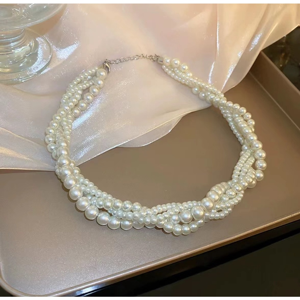 Baru Trendi Prancis Retro Multi-Layer Mutiara Rantai Klavikula Perempuan Niche Eropa Amerika Kalung Temperamen Cahaya Lux