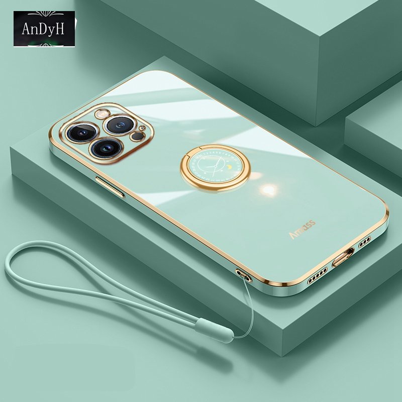 IPHONE Andyh Casing Ponsel Silikon Ultra Tipis Untuk Iphone6 6S Plus7 8 Plus SE2020 X XS Max XR 11 12 13 14 Pro Max Deluxe Perlindungan Jatuh Pita Emas Dengan Jam Cincin Dan Lanyard Gratis