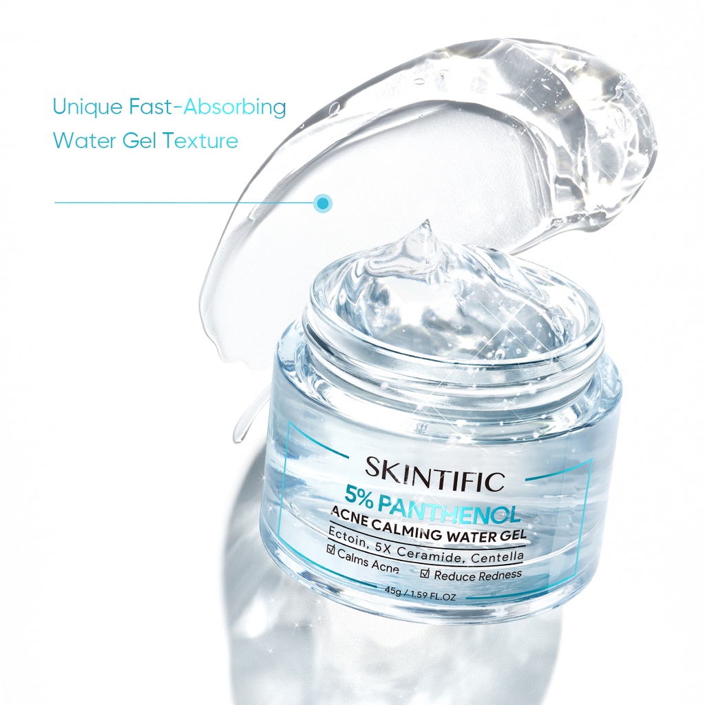 SKINTIFIC 5% Panthenol Acne Calming Water Gel 45g Pelembab Wajah Cream jerawat Soothing Facial Moisturizer For Acne Skincare Crystal pelembab wajah night cream