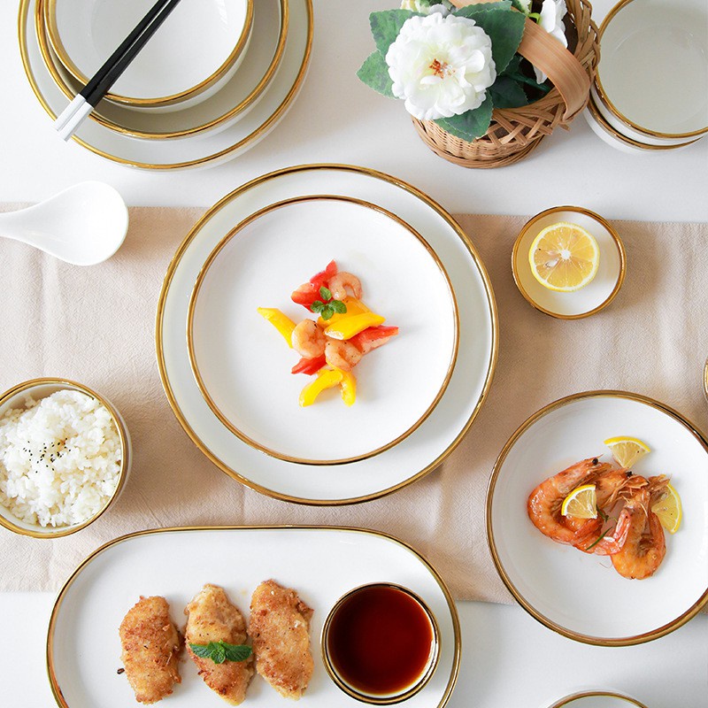 Piring Set 4 Orang Piring Makan Set Keramik Putih Gold Isi 18 Pcs / Piring Set Keramik List Emas / P