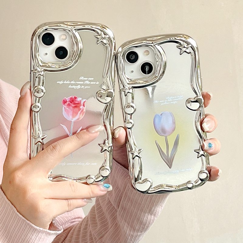 Cream Star Love Mirror Soft Case iPhone 7 8 Plus iPhone X XS XR Max 11 12 13 14 Pro Max 14 Plus Girl Woman Fashion Pink Green Tulip Flower Case Make up