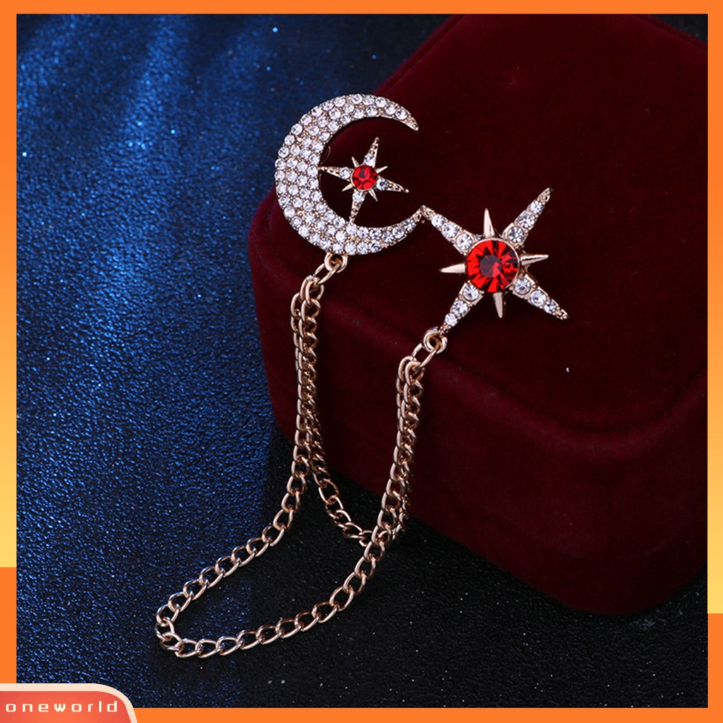 [ONE] Bros Bulan Bintang Mempesona Berlian Imitasi Bertatahkan Rantai Gantung Elegan Pria Wanita Bisnis Jas Kerah Lapel Pin Fashion Perhiasan
