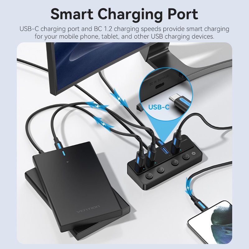 Vention 5in1 HUB USB 3.0 Dengan Saklar Daya Individual 5Gbps USB-C Smart Charging Port Adapter