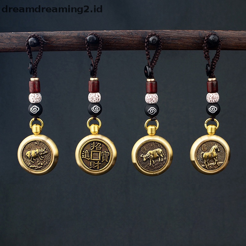 (drea) Vintage Tembaga Tali Beruntung Gantungan Kunci Liontin Kuningan Good Luck Fengshui Keychain Cina 12 Zodiak Hewan Tag Mobil Gantungan Kunci Liontin Hadiah //