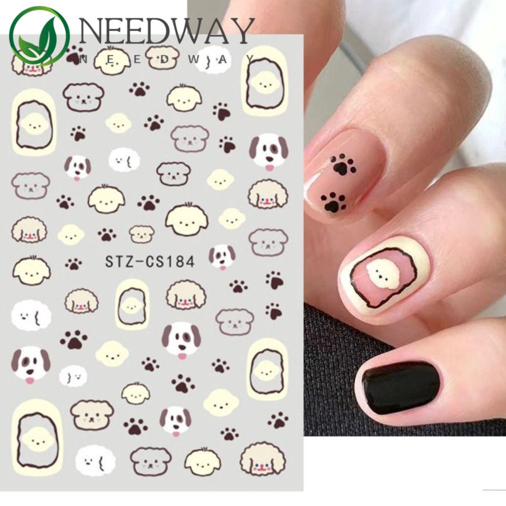 Needway   Stiker Kuku Perekat Diri Pola Warna-Warni Nail Art Decor Kartun Kucing Decal