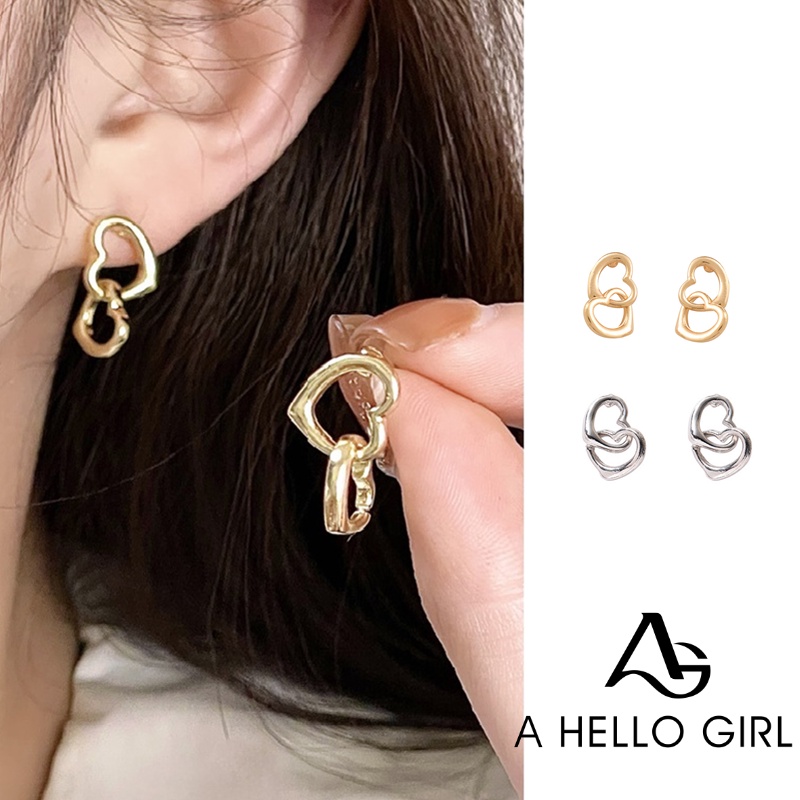 Ahellogirl Minimalis Gaya Manis Dan Keren Cinta Ganda Anting Logam925Jarum Perak Jarum Lembut Dan Girly Elegan Sehari Hari Anting Serbaguna Earrings