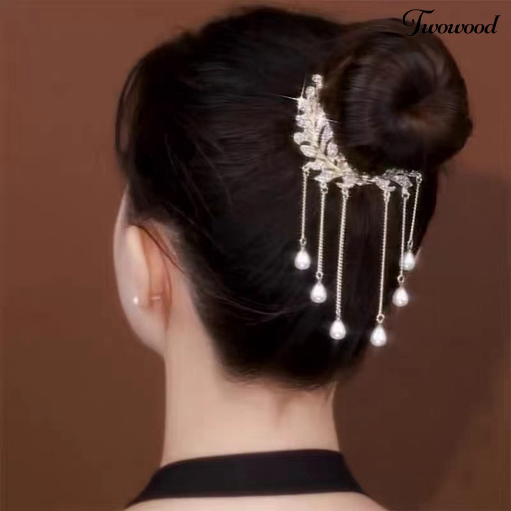 Twowood Bun Hair Claw Berlian Imitasi Rumbai Mutiara Imitasi Bentuk Daun Dengan Gigi Hiasan Rambut Alloy Mewah Anti-slip Bun Hair Crab Aksesoris Rambut