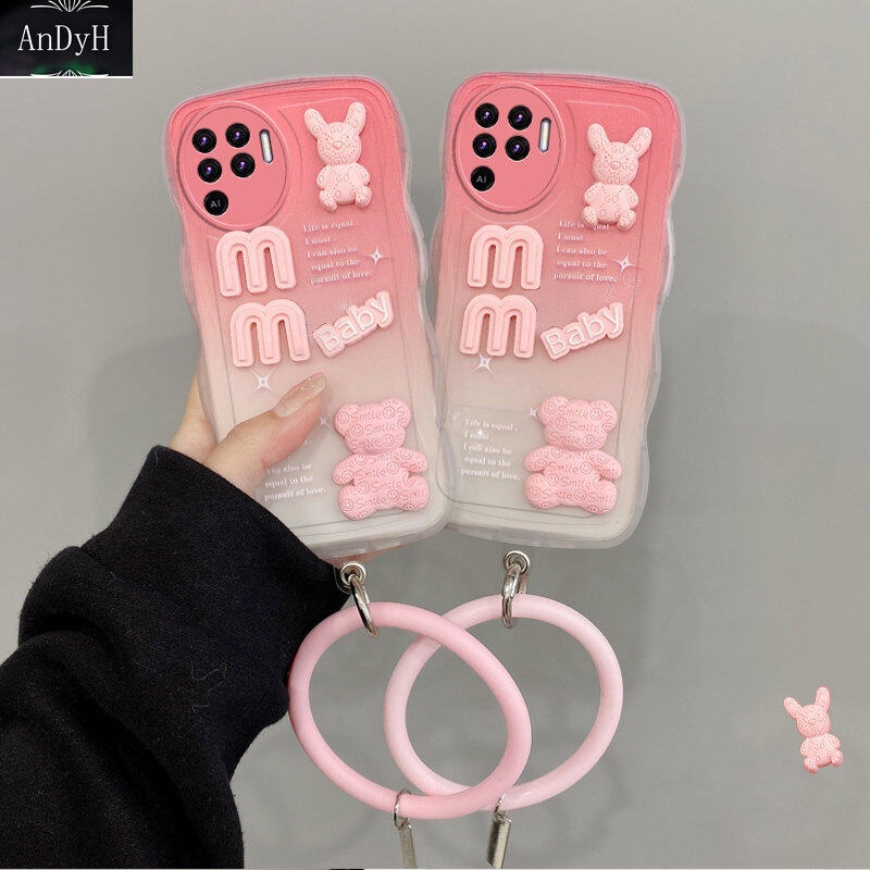 Andyh OPPO A94 4G Reno 5F 5 Lite F19 Pro Case 3D Cute Bear+ Gelang Warna Solid Fashion Premium Gradient Soft Phone Case Silikon Shockproof Casing Pelindung Penutup Belakang