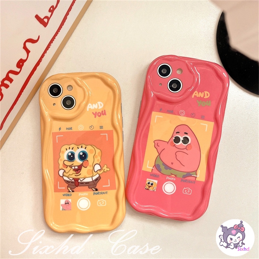 IPHONE Kompatibel Untuk Iphone14 13 12 11 Pro Max SE2020 X Xr Xs Max 8 7 6 6s Plus Kartun SpongeBob Pasangan 3D Tepi Melengkung Gelombang Glossy Shockproof Phone Case Soft Cover