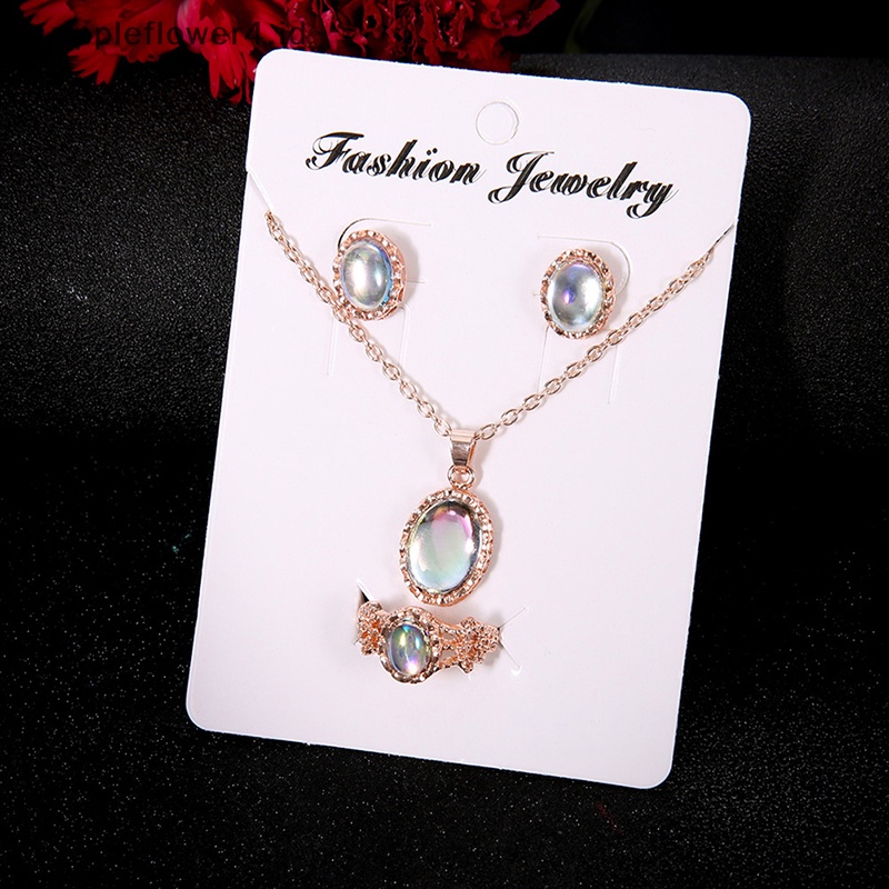 {rippleflower4.id} Aurora Oval Zirkon Kalung Anting Cincin Set Perhiasan Wanita Romantis Lapis Emas Imitasi Opal Hadiah Aksesoris~