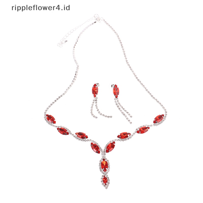 {rippleflower4.id} Fashion Kristal Prom Pernikahan Set Perhiasan Wanita Aksesoris Bunga Rumbai Kalung Anting Pengantin Hadiah Perhiasan Set~