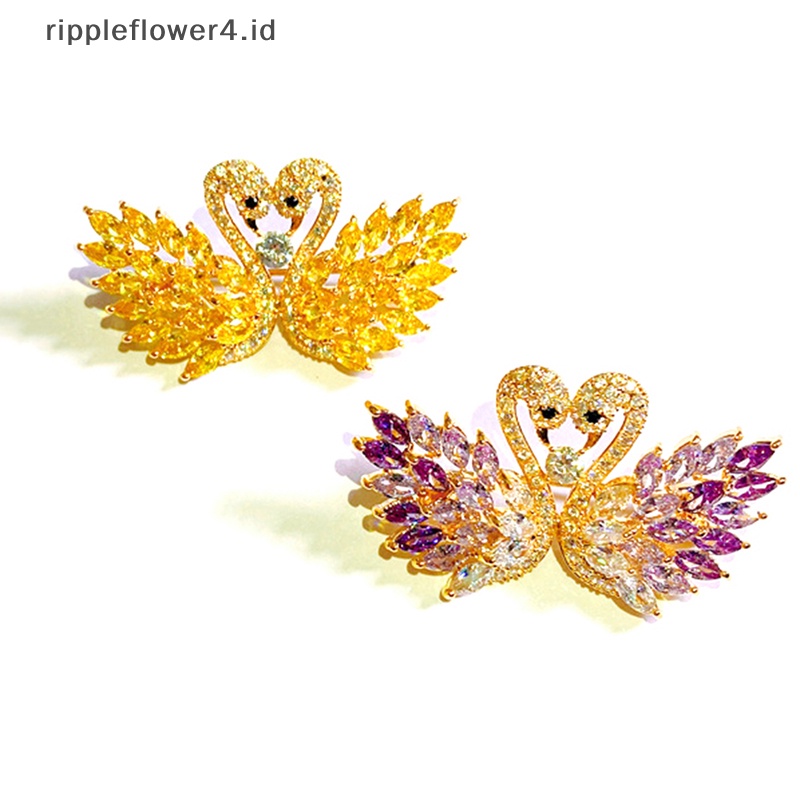 {rippleflower4.id} Fashion Berlian Imitasi Double Swan Bros Wanita Pesta Pakaian Aksesoris Perhiasan Bros Pin Hadiah~