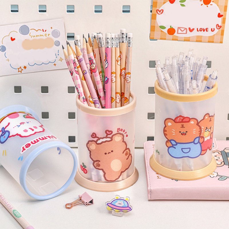 Creative Cartoon Series PP Translucent Round Pen Holder/ Desktop Storage Wadah Pensil Alat Tulis/ Kotak Penyimpanan Brushes Kosmetik Serbaguna