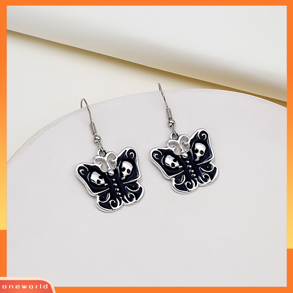 [WOD] 1pasang Anting Halloween Warna Kontras Telinga Hias Anti Karat Gaya Gelap Motif Tengkorak Bentuk Kupu-Kupu Anting Kait