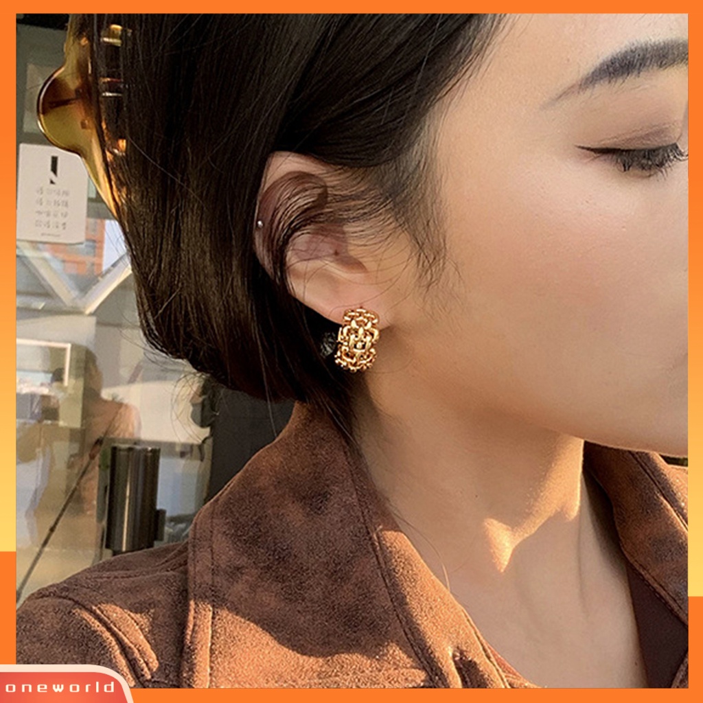 [WOD] 1pasang Ear Studs High Polished Opening Hypoallergenic Nyaman Dipakai Hadiah Warna Emas Fashion Perhiasan Wanita Rantai Desain Half Hoop Huggie Earrings Untuk Pacaran