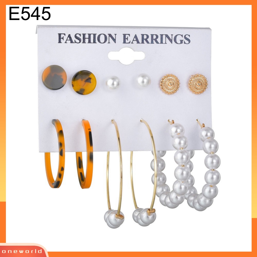 [WOD] 6pasang Wanita Mutiara Imitasi Rumbai Geometris Menjuntai Ear Studs Hoop Earrings Jewelry