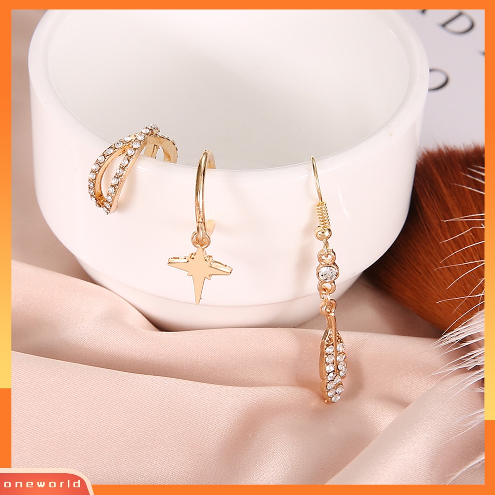 [WOD] 3pcs/set Boho Wanita Berlian Imitasi Bintang Bulu Liontin Menjuntai Kait Anting Perhiasan