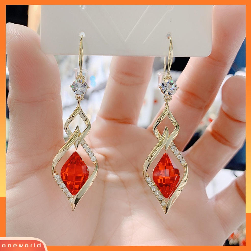 [WOD] 1pasang Anting Gantung Geometris Kristal Imitasi Mengkilap Bentuk Belah Ketupat Drop Earrings Perhiasan Pernikahan