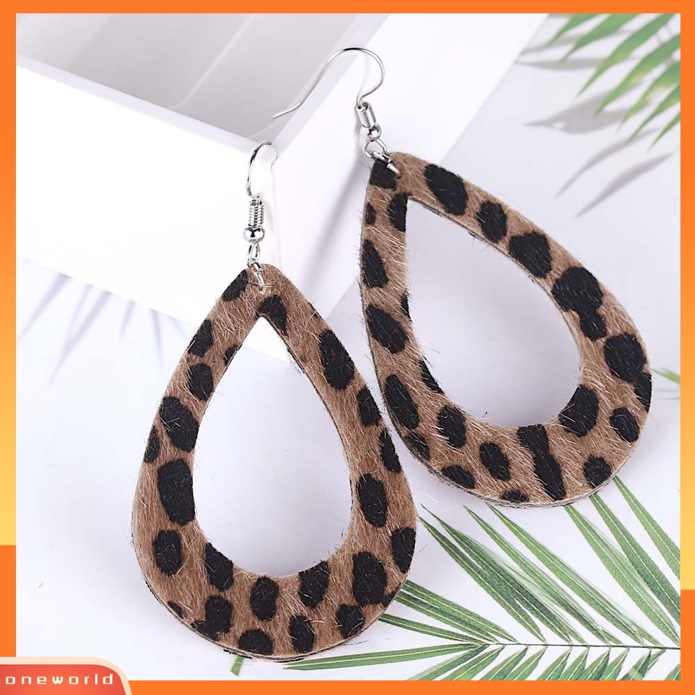 [WOD] Wanita Berongga Leopard Dot Print Kulit Imitasi Teardrop Kait Anting Perhiasan Hadiah