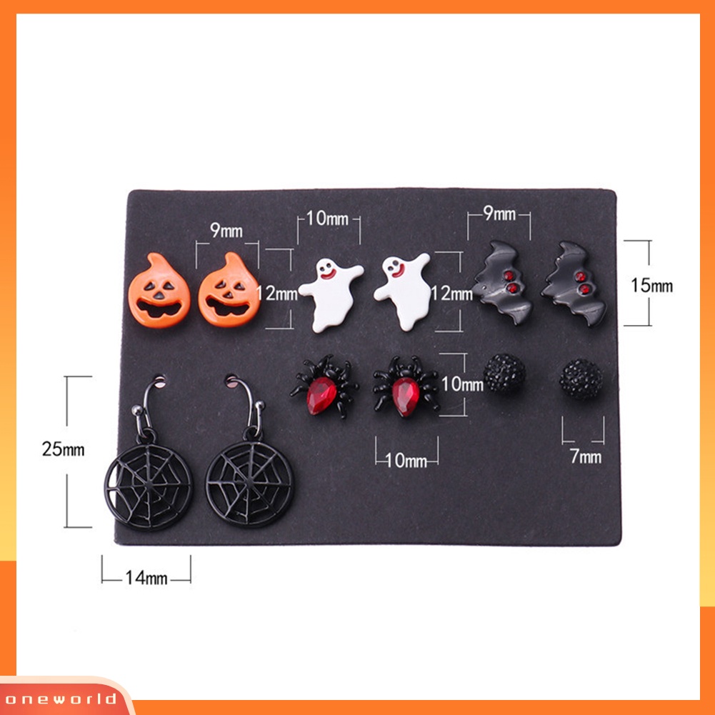 [WOD] 6pasang Lucu Perhiasan Halloween Labu Laba-Laba Kelelawar Hantu Telinga Studs Hook Earrings