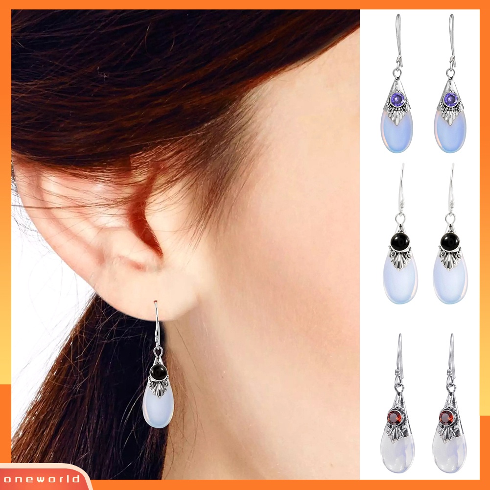 [WOD] Wanita Fashion Teardrop Drop Menjuntai Kait Anting Perhiasan Pesta Moonstone Imitasi