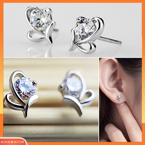 [WOD] Fashion Wanita925 Sterling Perak Hati Bulat Zirkon Telinga Stud Earrings Perhiasan