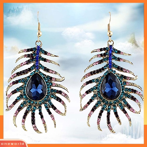 [WOD] 1pasang Wanita Retro Berlian Imitasi Bentuk Bulu Merak Statement Hook Menjuntai Anting