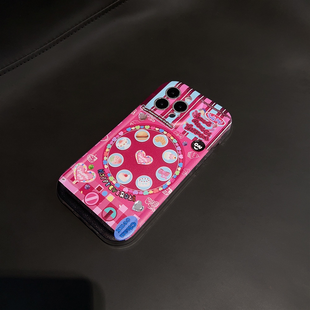 IPHONE Kartun Y2K Pink Snack Rotary Meja Perlindungan Penuh Casing Ponsel Soft Cover Dengan Manik-Manik Berlian Imitasi Stiker Untuk Iphone11 12 13 14 PLUS PRO MAX