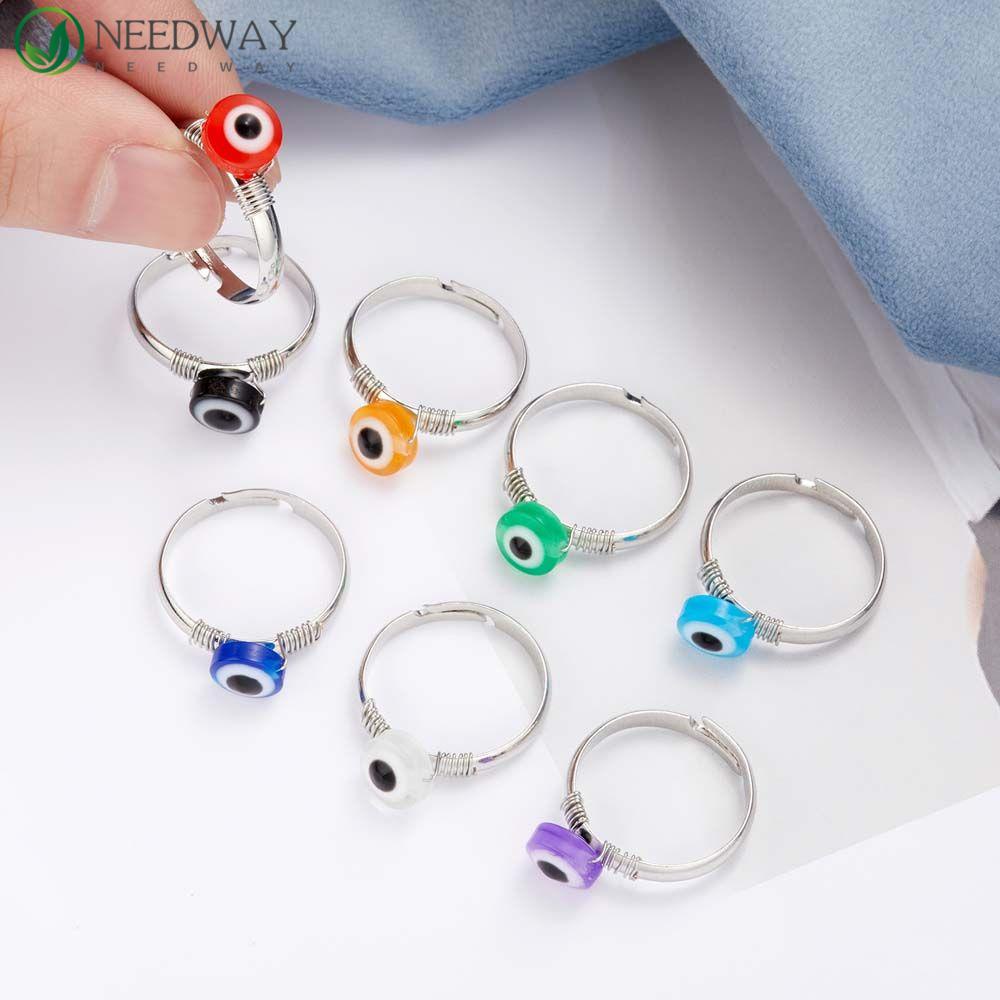 Needway Cincin Mata Biru Wanita Hip Pop Manik-Manik Logam Kaca Biru Logam Bulat Lucky Beads Ring