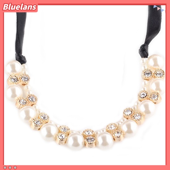 [BLS] Wanita Fashion Baris Ganda Mutiara Imitasi Adjustable Pita Rantai Choker Kalung