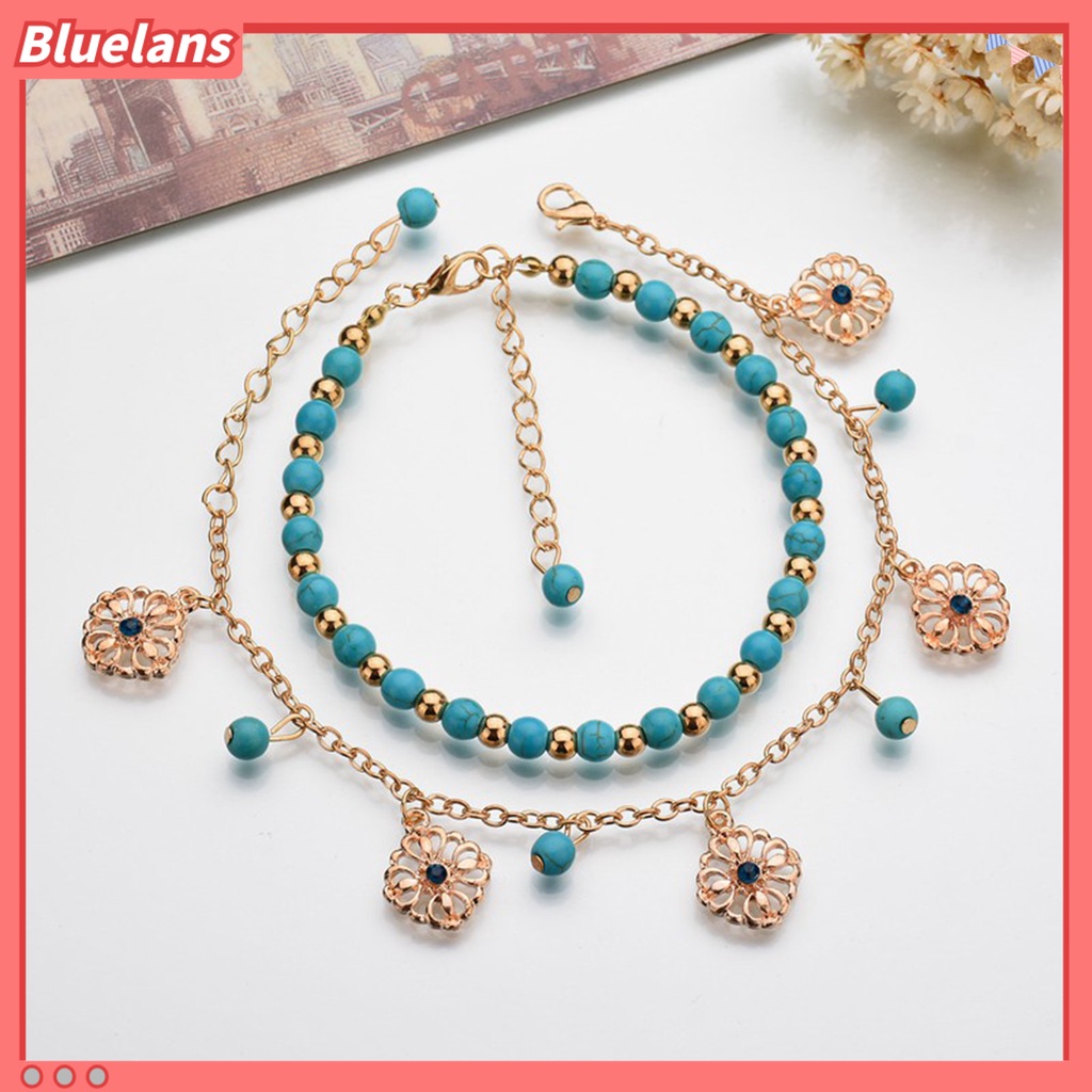 [BLS] 2pcs /Set Gelang Kaki Kristal Imitasi Adjustable Alloy Bohemian Faux Turquoise Bead Gelang Kaki Pantai Untuk Pantai