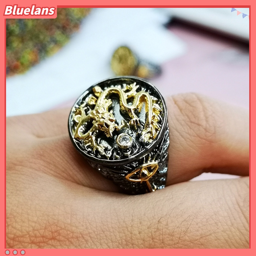 [BLS] Pria Cincin Berlapis Emas Two-tone Vintage Geometris Electroplating Dekorasi Hadiah Naga Cina Laki-Laki Jari Cincin Aksesoris Perhiasan Untuk Hadiah