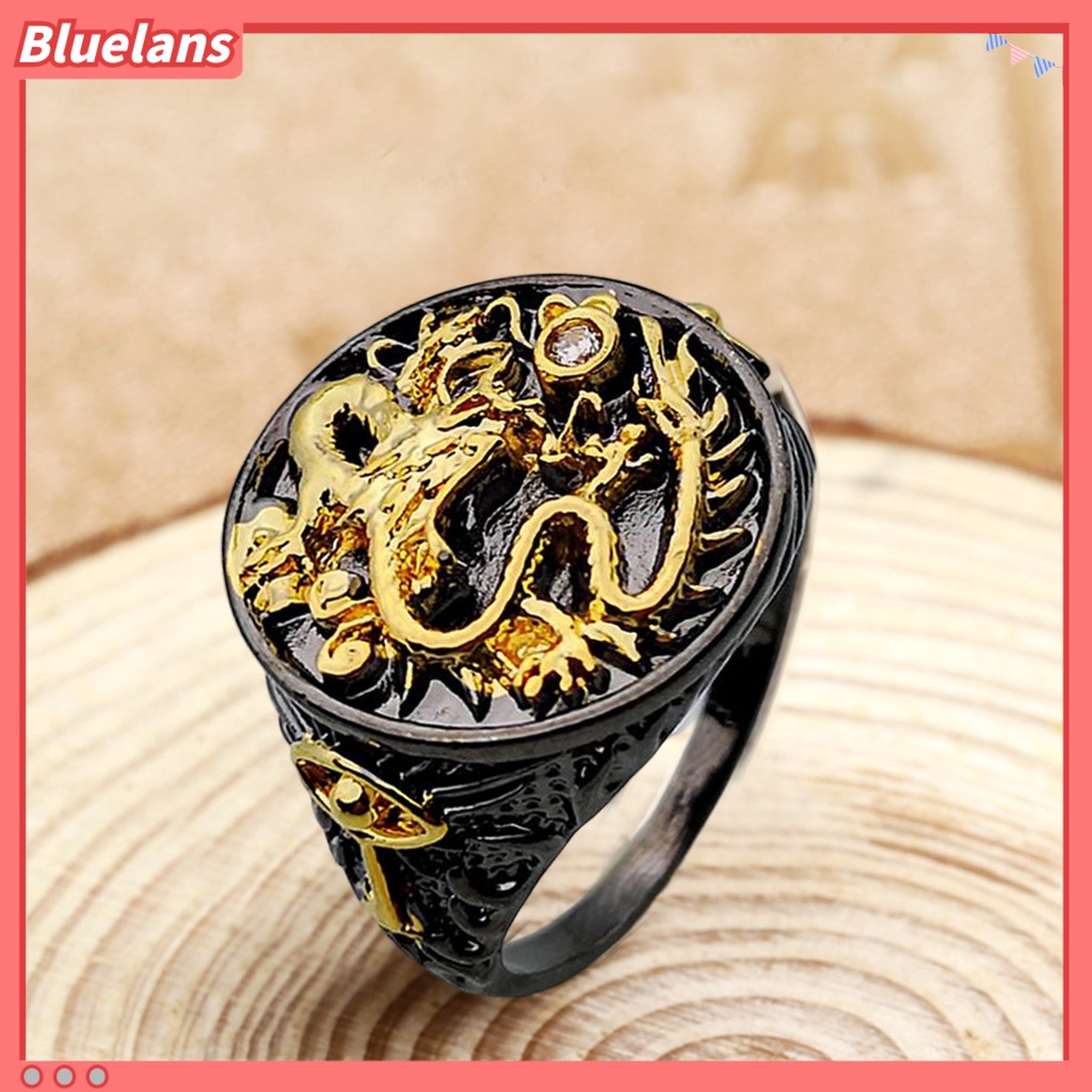 [BLS] Pria Cincin Berlapis Emas Two-tone Vintage Geometris Electroplating Dekorasi Hadiah Naga Cina Laki-Laki Jari Cincin Aksesoris Perhiasan Untuk Hadiah
