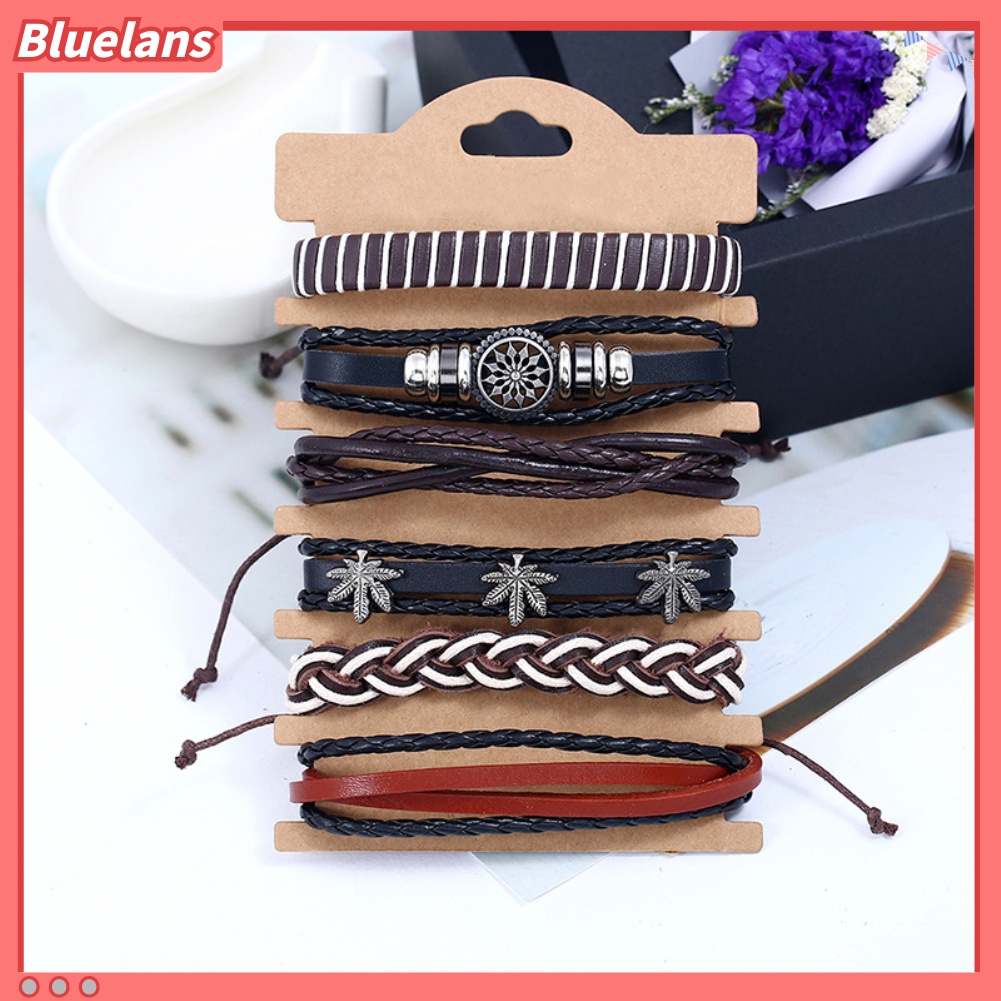 [BLS] 6 Pcs Retro Pria Kulit Imitasi Hip Pop Punk Tengkorak Daun Kepang Gelang Pergelangan Tangan Perhiasan