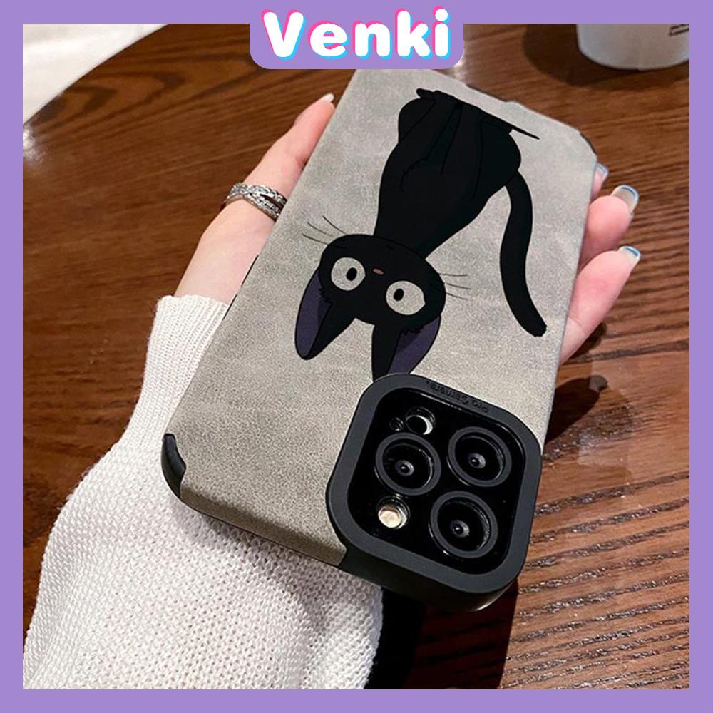 VENKI - Untuk iPhone 11 Case Leather Pupil Suede Case Soft Shockproof Airbag Case Pelindung Kamera Cute Simple Black Cat Kompatibel dengan iPhone 14 13 Pro max 12 xr xs 7Plus 8Plus