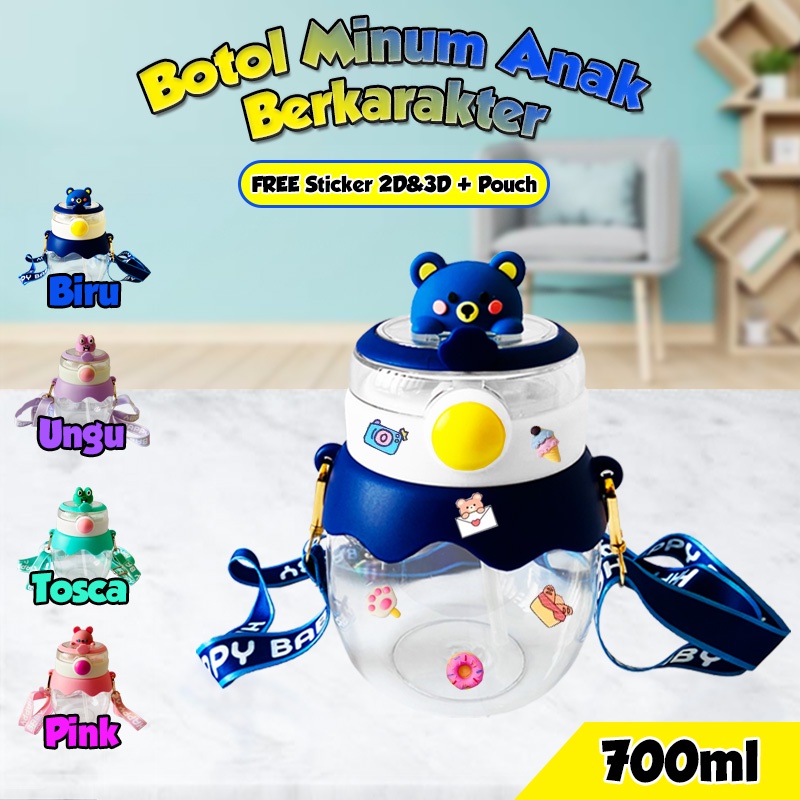 Botol Minum Anak Lucu Karakter Animal Kapasitas 700ml Free Sticker 2D+3D