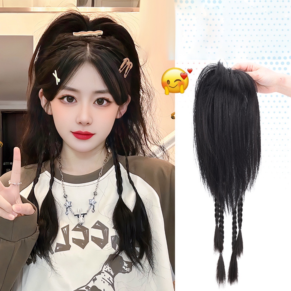 Y2k Kepang Panjang Wig Berbulu Setengah Ekor Kuda Wanita Perempuan Keriting Cakar Klip Wig Rambut Ekstensi