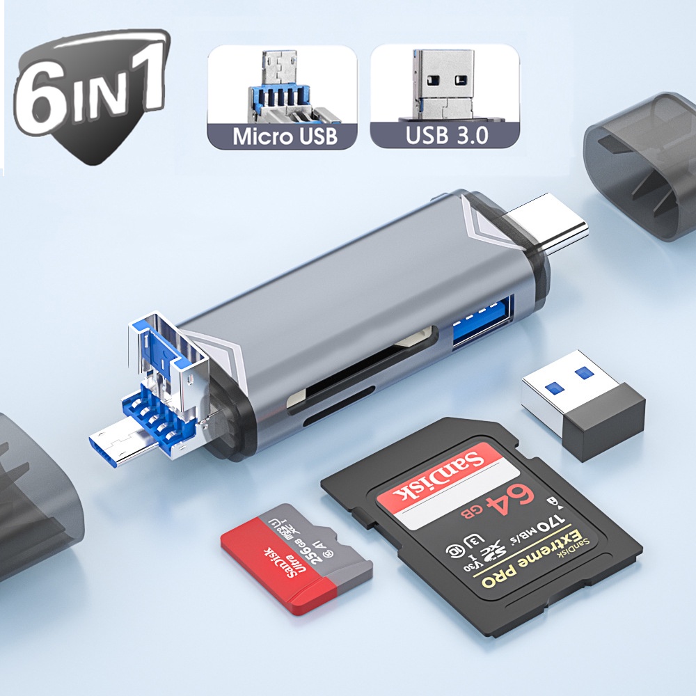 6-in-1 3.0 Card Reader OTG Tipe C/Micro Konverter Antarmuka USB Mini SD Cardreader Paduan Aluminium Adaptor Membaca Kartu Memori SD/TF Flash Drive Kartu