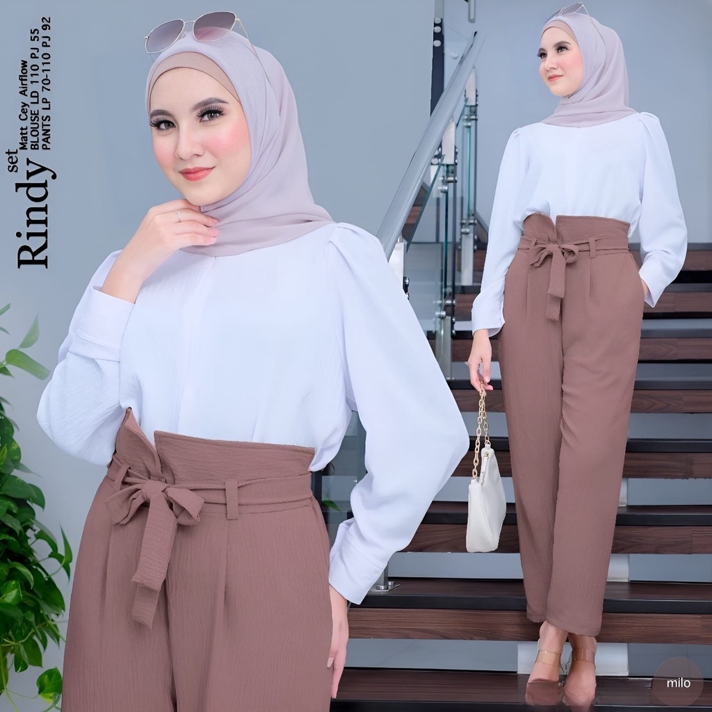 GAMIS STORE - Rindy One Set Setelan Baju Wanita Muslim Polos Basic Fit To XL Besar l Stelan Casual Daily Premium Airflow Crinkle