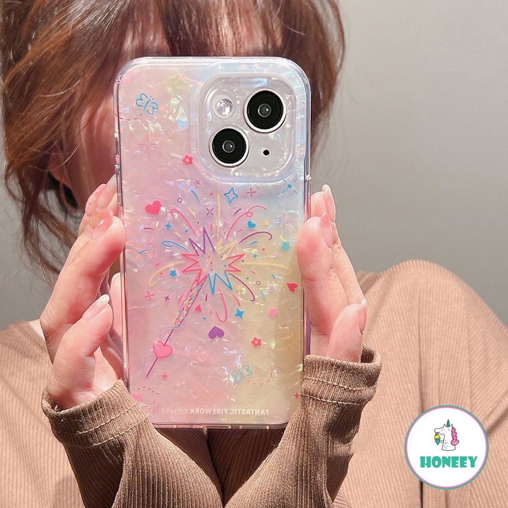 Casing Ponsel Warna-Warni Pola Shell Fashion Untuk iPhone 11 Pro Max12 13 14 Pro Max Love Hati Kembang Api Anti-Shock Back Cover