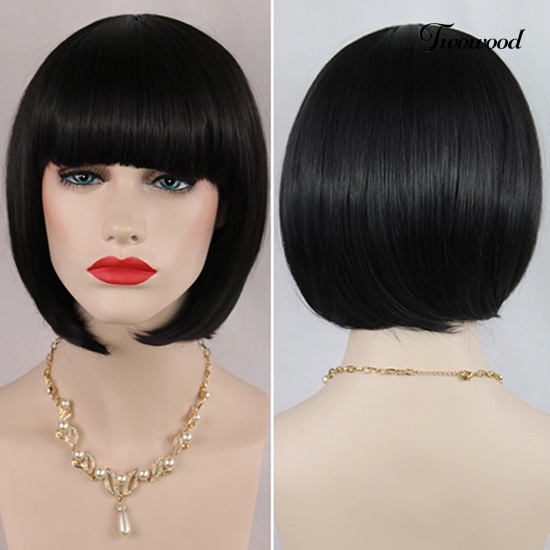 Twowood Fashion Wanita Pendek Lurus Bobo Dengan Poni Penuh Wig Cosplay Pesta Ekstensi