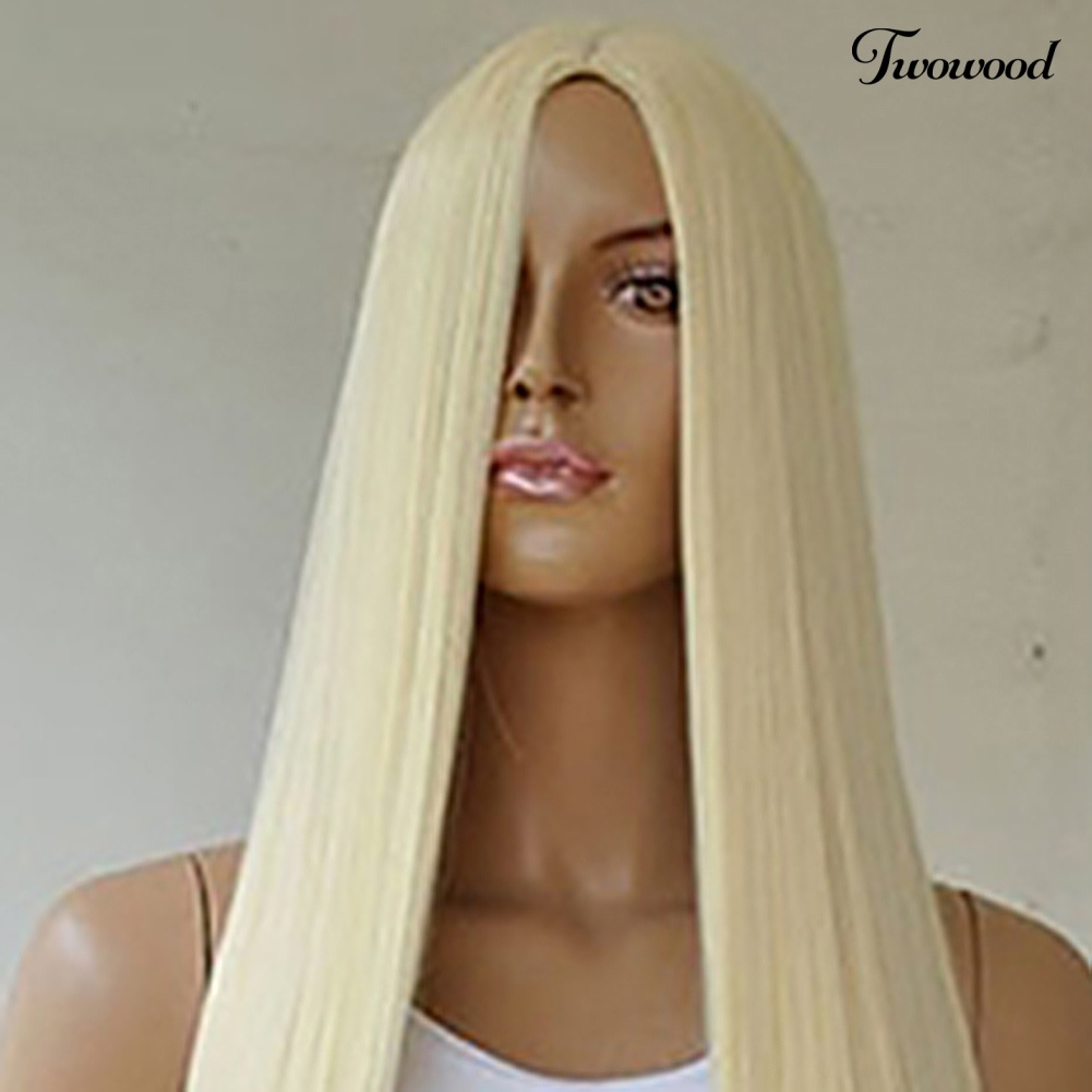 Twowood Wanita Panjang Lurus Full Wig Rambut Pirang Sintetis Ada Poni Cosplay Pesta