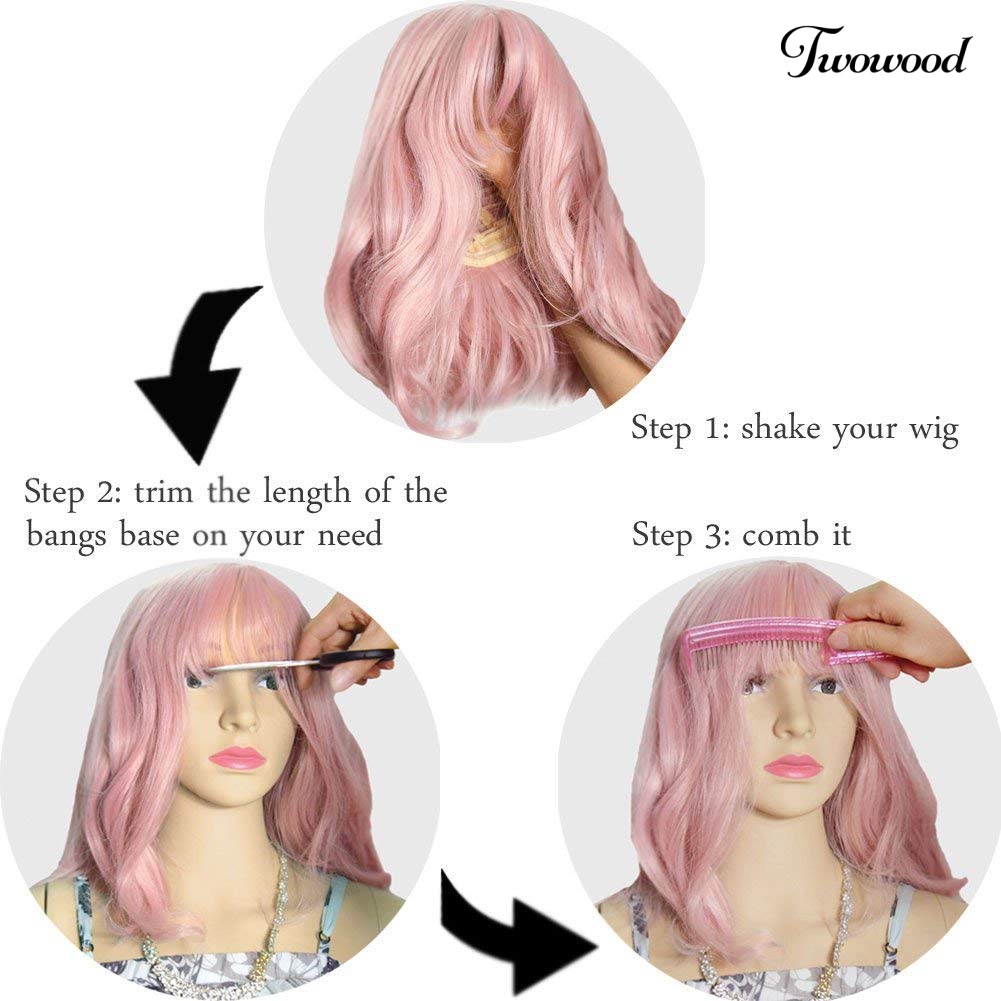 Wig Rambut Palsu Wanita Sintetis Twowood Pink Curly Panjang Bahu Dengan Poni Untuk Cosplay