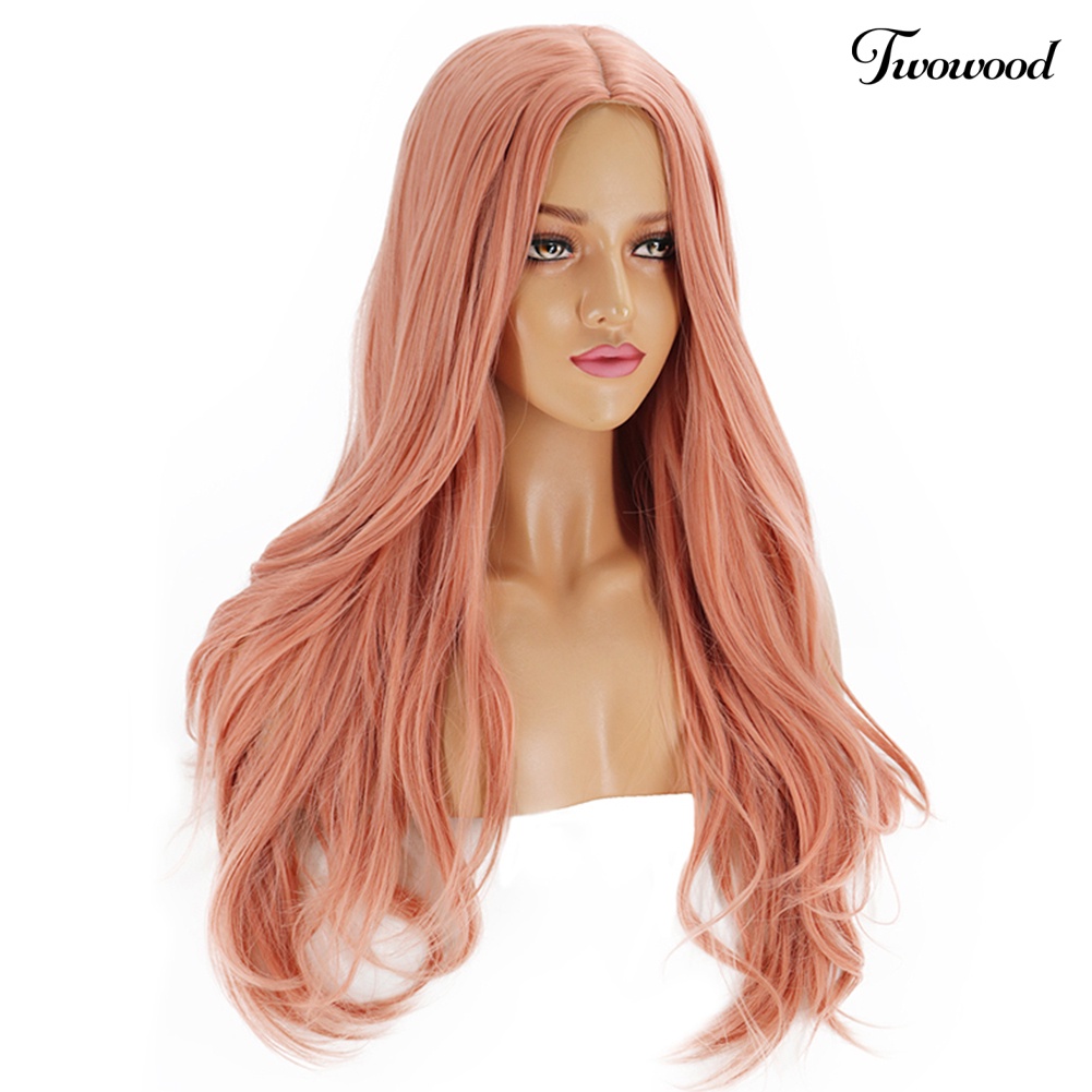 Twowood Wanita Panjang Keriting Rambut Sintetis Rose Net Pink Wig Pesta Ekstensi Sopak
