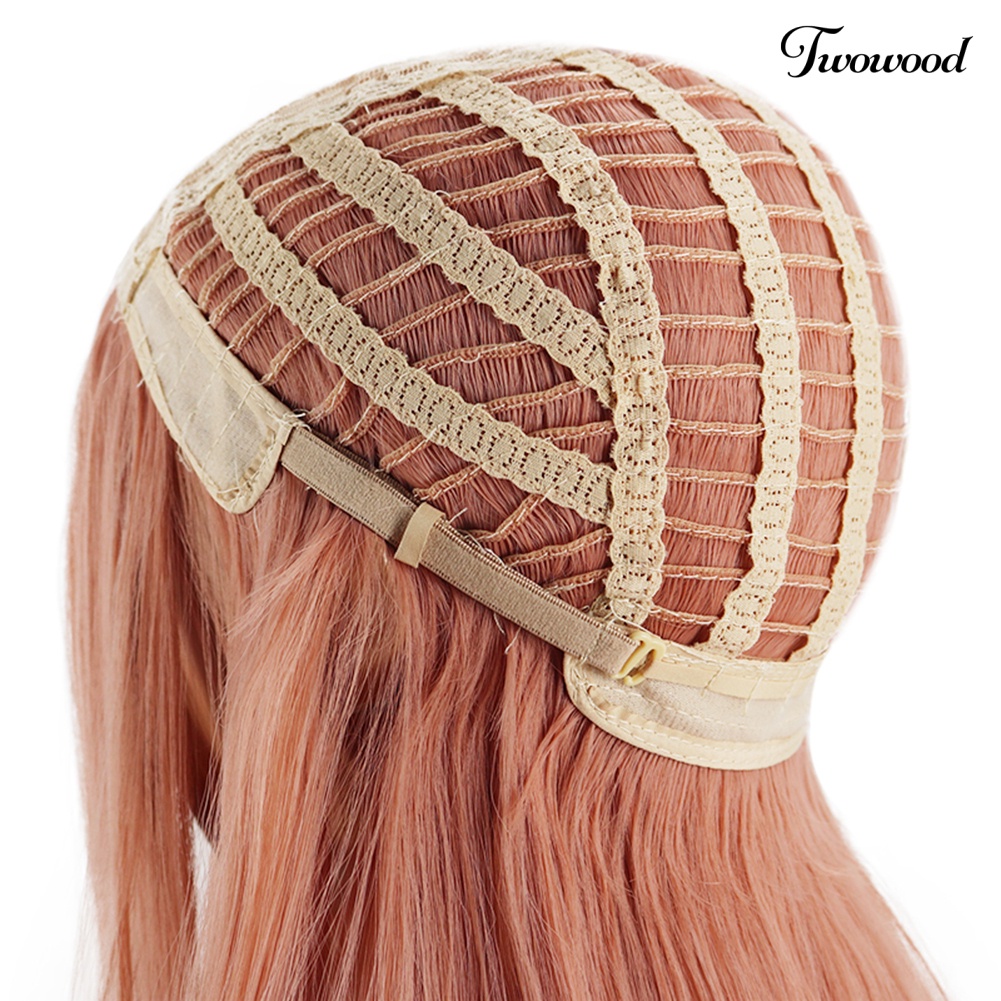 Twowood Wanita Panjang Keriting Rambut Sintetis Rose Net Pink Wig Pesta Ekstensi Sopak