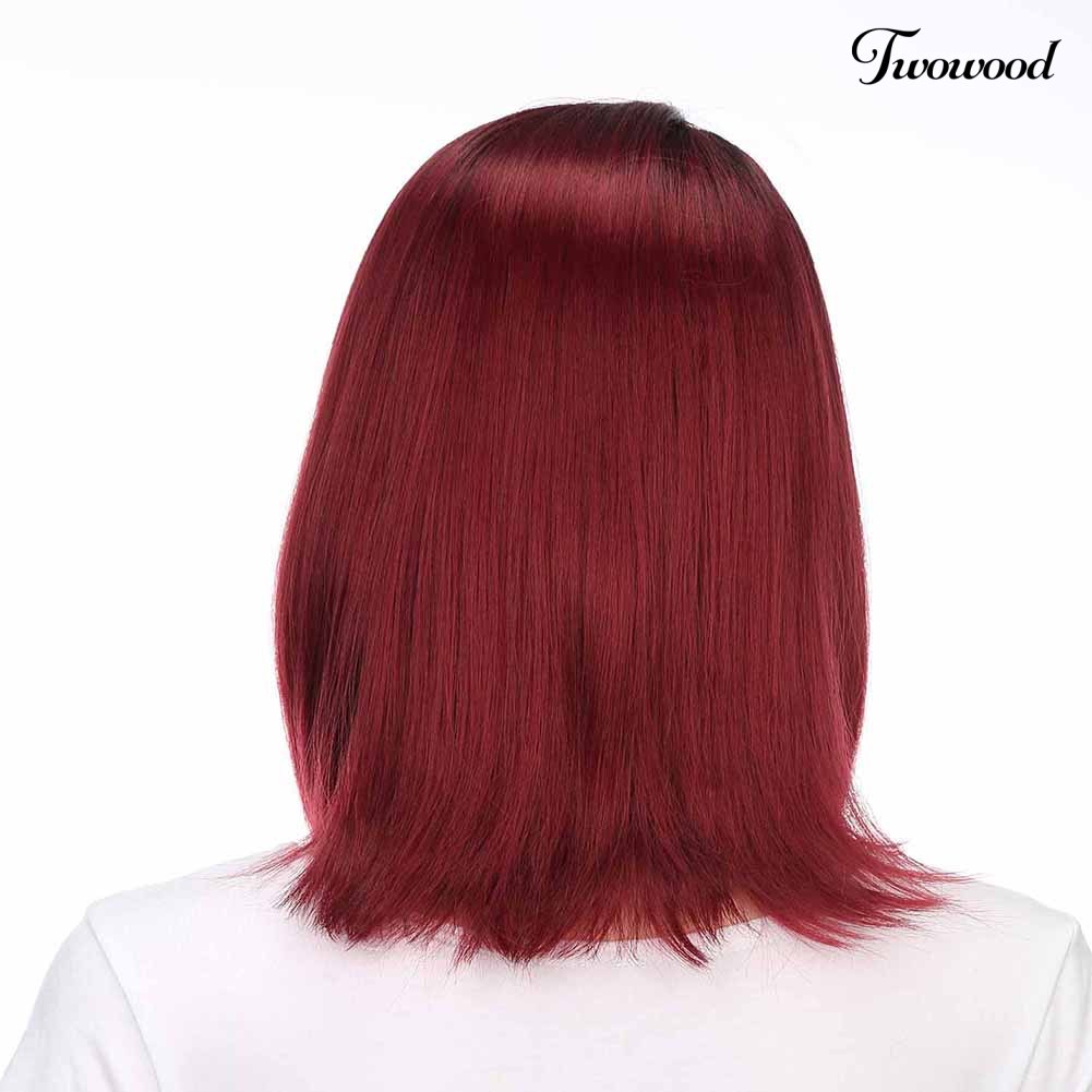 Twowood Perempuan Merah Gradien Rambut Lurus Serat Suhu Tinggi Matte Wig Sopak